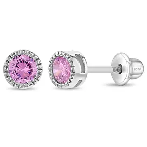 Trim Bezel Round CZ 5mm Baby / Toddler / Kids Earrings Screw Back - Sterling Silver