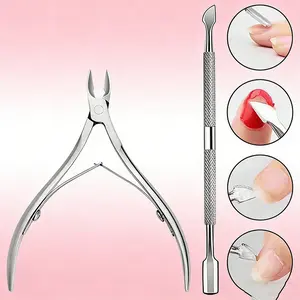 2 counts Professional Stainless Steel Nail Care Set, Cuticle Nipper and Pusher Manicure Accessories, Nail Clippers