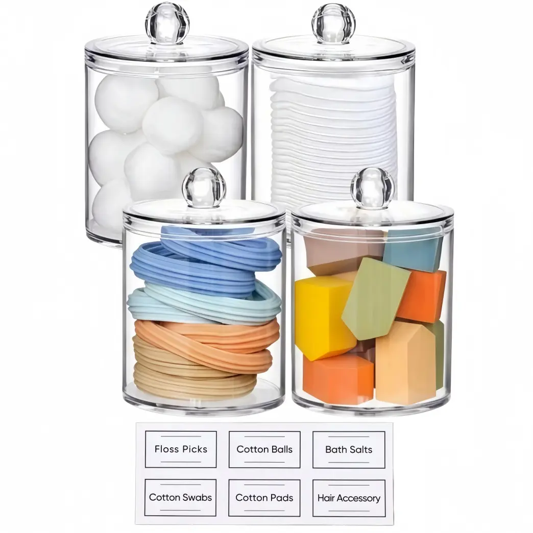 LMMAKE 4PCS Transparent Acrylic Cotton Canister, Durable Storage Organizer, Cosmetic Organizer Box for Q-tips, Makeup Sponges & Floss Picks, Ideal for Vanity Desktop Organization