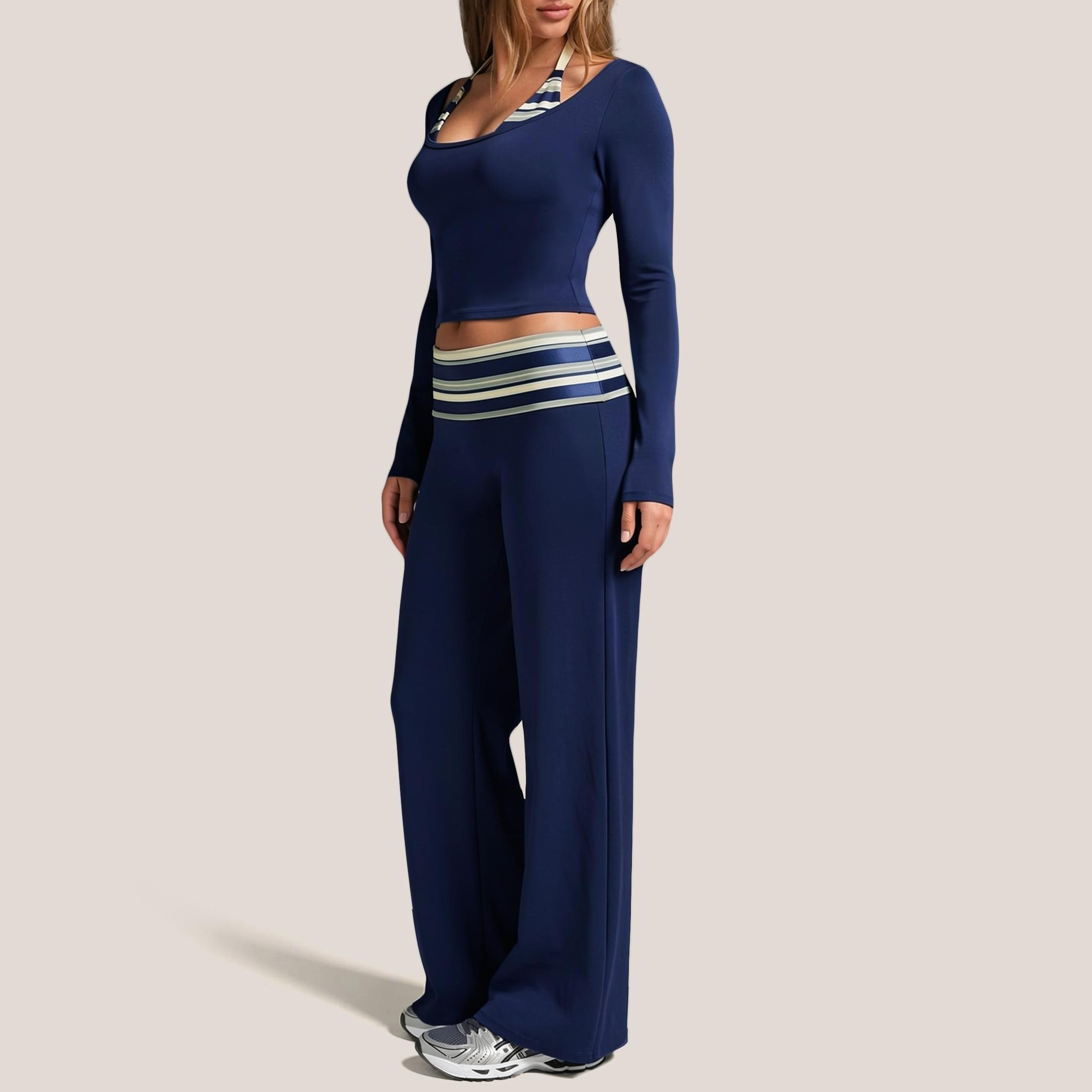 GIAFIRE Women’s Autumn 2-Piece Yoga Sportswear Set - U-neck Paneled Halter Long-Sleeve Top, High-Waisted Wide-Leg Slight Flare Pants, Highly Elastic Soft Breathable Quick-Drying Activewear for Pilates, Outdoor Sport