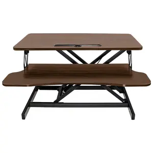 31.5" Walnut & Black Height Adjustable Sit-Stand Desk Converter, 4.3–19.8" Ergonomic Desk Riser, MDF+Metal Dual Monitor Laptop Workstation, 30LBS Capacity for Home Office