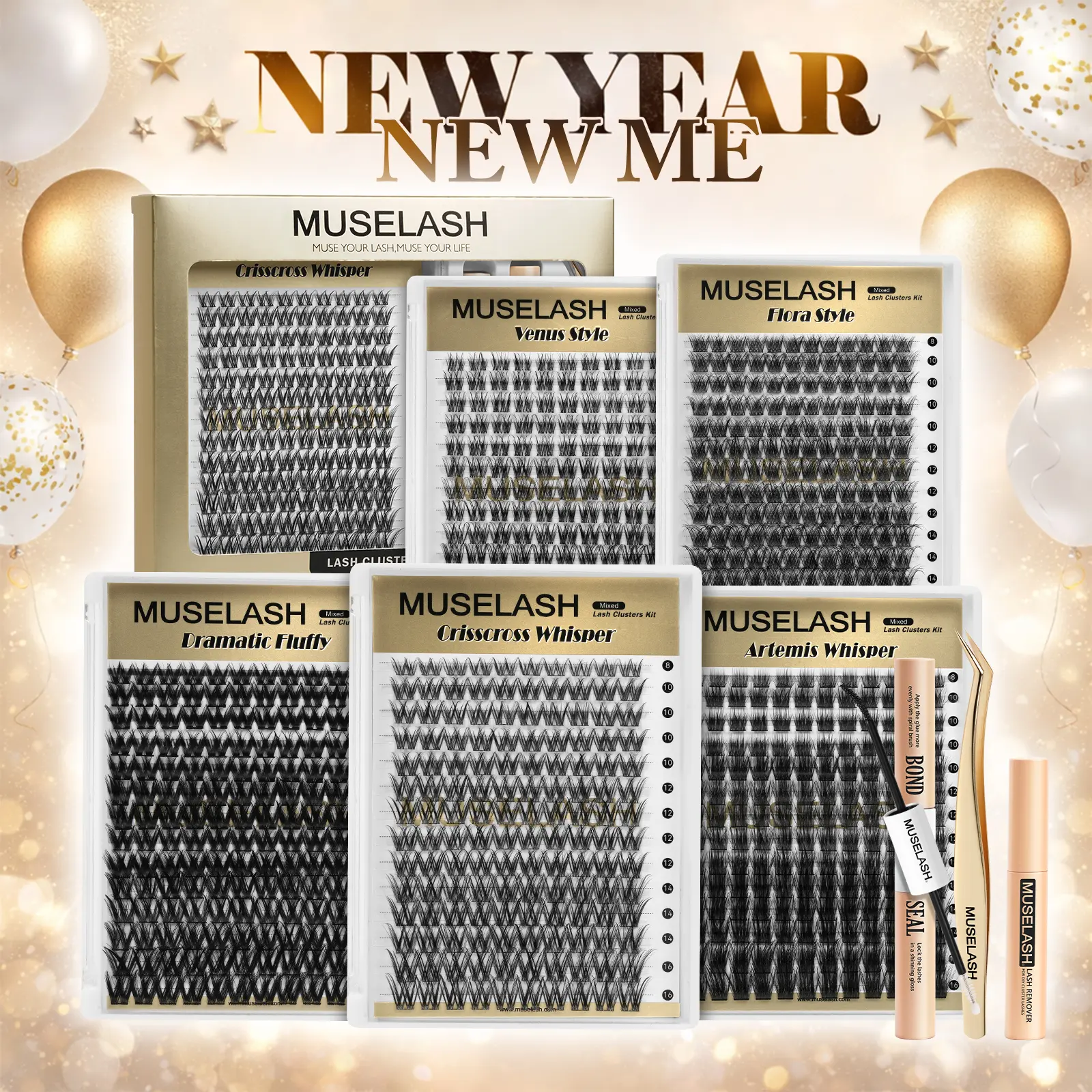 MUSELASH PRO DIY Eyelashes Kit with Flora and Artemis Fluffy Lash Clusters, 8-16mm for Dramatic Volume, Long-Lasting Cosmetic Set with Bond, Seal, Remover & Tweezers, D Curl, Dramatic Lashes