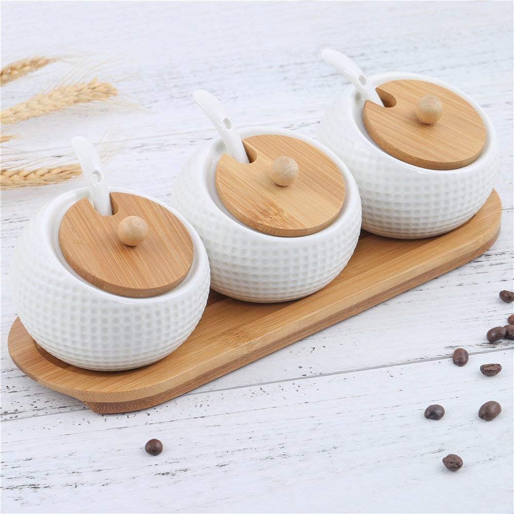 Modern Compact 170ml Porcelain Condiment Jar Set with Lids - Bamboo Cap Holder Spot, Ceramic Serving Spoon, Wooden Tray, Kitchen Decor Pottery Cruet for Home Kitchen Counter, White, Set of 3