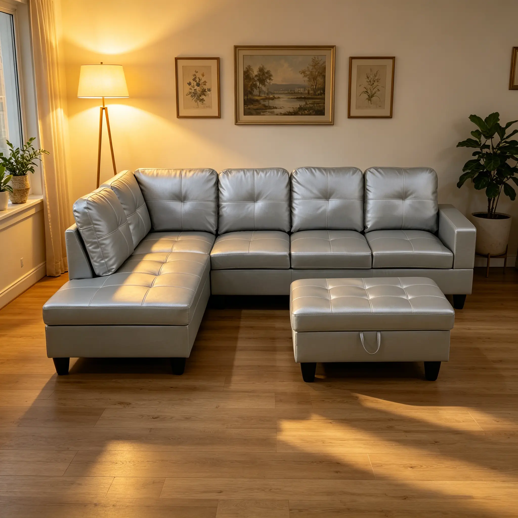 3-Piece Silver Metallic Semi-PU Leather Living Room Sofa Set - Luxury Modern Indoor Furniture with Fixed Arms, Smooth Waterproof Surface, Scratch-Resistant Wipe-with-Damp-Cloth Design, Sturdy Frame, Assembly Required