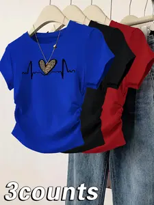 Women's Heart & EKG Print Round Neck Tee, Casual Aesthetic Short Sleeve T-shirt for Daily Wear, Casual Streetwear Top, Ladies Clothes for All Seasons, Womenswear, Top