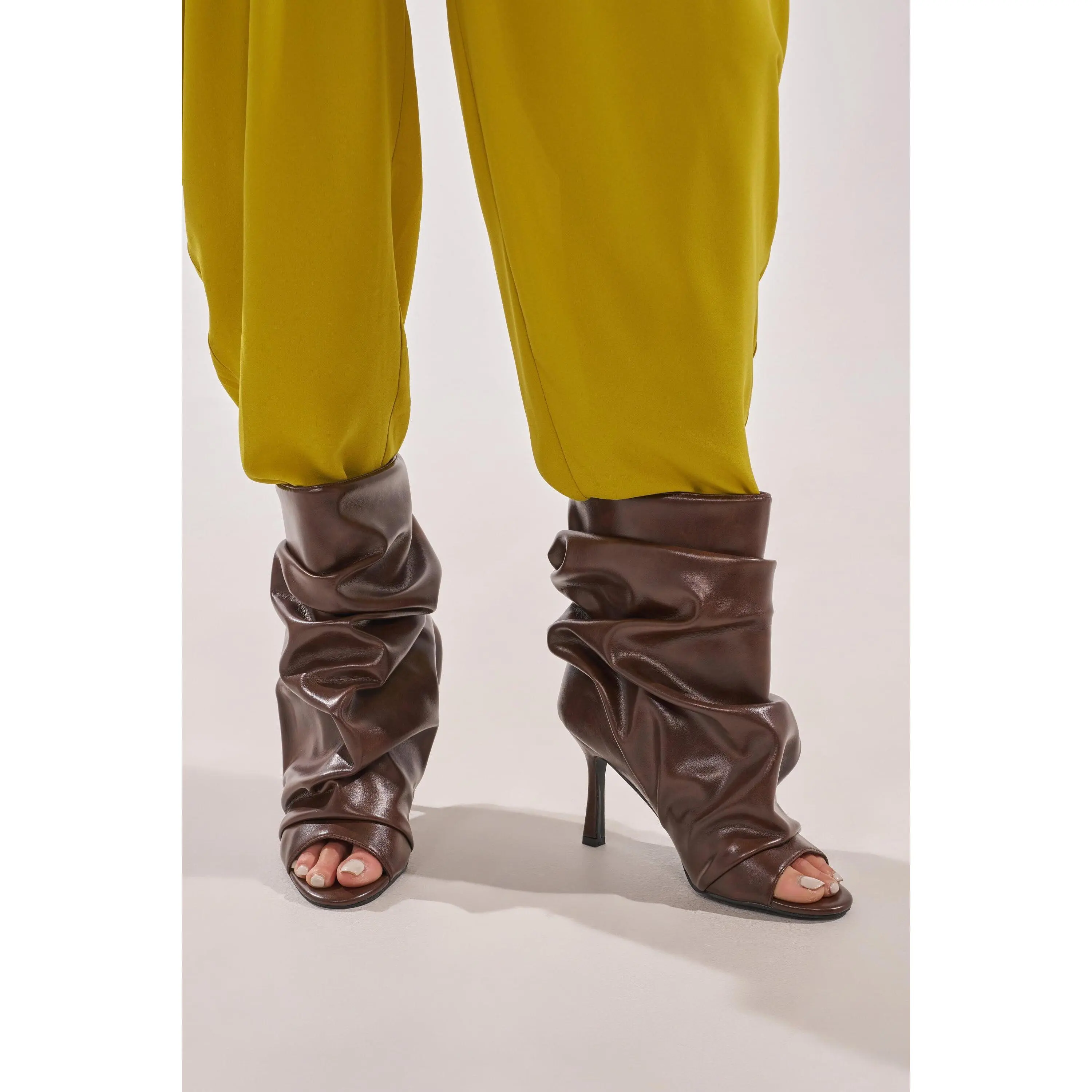 AZALEA WANG APEX BROWN SLOUCHY OPEN TOE BOOTIE