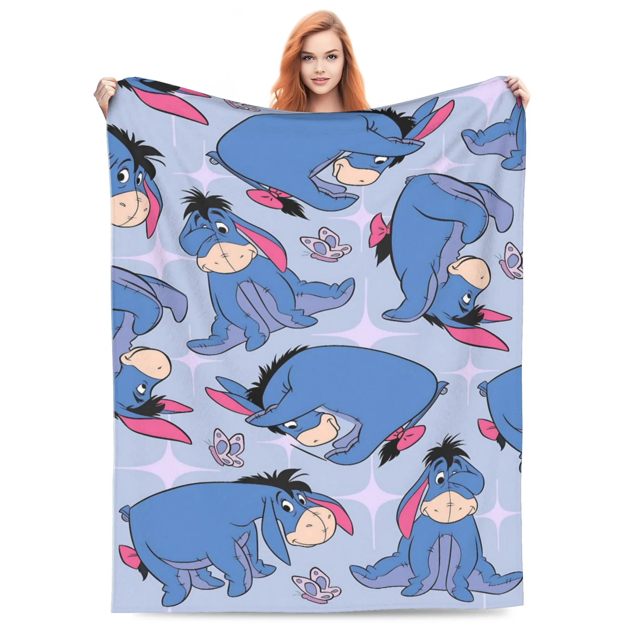 DISNEY CLASSIC Throw Blanket Eeyore All Over Print Cartoon Donkey Butterfly Star Light Blue Background Lightweight Cozy Fleece Blanket, Cute Animal Pattern Warm Decor Blanket for Sofa Couch Bed Camping Kids Girls Women Birthday Holiday Gift