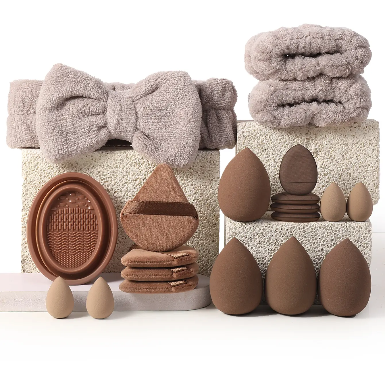 20-Piece Hypoallergenic Makeup Tool Kit, Includes Latex-Free Foundation Sponges, Powder Puffs, Headband & Cleaning Bowl for Sensitive, Acne-Prone Skin