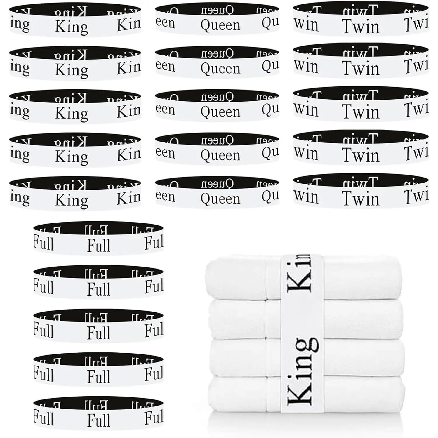 Bed Sheet Organizer Bands - 20 Pack Elastic Straps, Size-Labeled Tool for Linen Closets, King, Queen, Full & Twin Sets, Fabric Band, Organizing Tool
