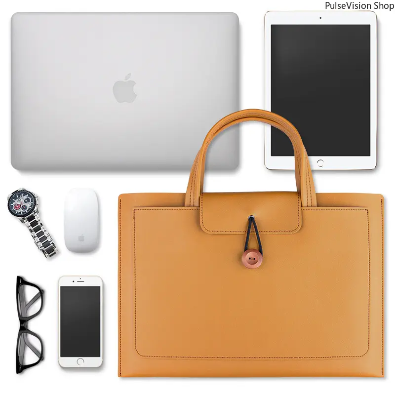 Pu Leather Plain Ethnic Look Lightweight Laptop Briefcase - Large Capacity Bag for MacBook & 15.6-Inch Laptops
