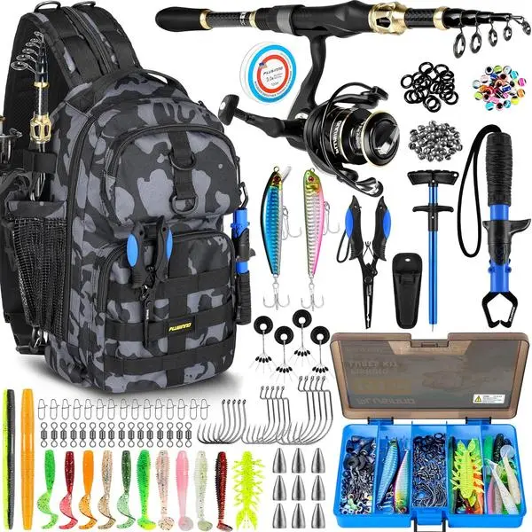 Fishing Backpack with Fishing Rod and Reel Combos Tackle Boxes, Waterproof Tackle Backpack for Fishg Gear with Rod Holder, Fish Gifts for Men with Tool Kit