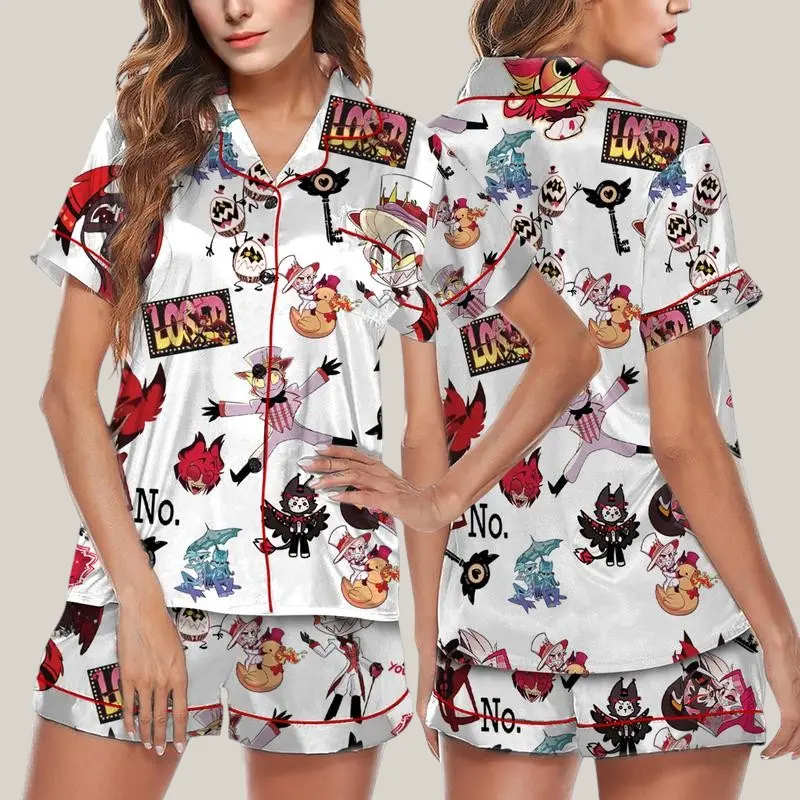 Women's Cute Cartoon Print Pajama Set, Silky Satin 2-Piece Button-Up Loungewear with Shorts for Summer, Soft, Casual, Short Set, Graphic, Lightweight, Hazbin Hotel Characters, Two-Piece