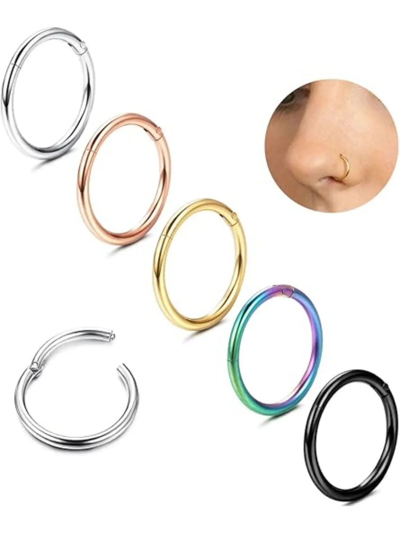 5Pcs G23 Titanium Nose Rings Hoops 16G/18G/20G Septum Hinged Nose Rings Clicker Rings for Lip Cartilage Daith Helix Rook Tragus Ear Lobe Earrings Conch Piercing Jewelry Hypoallergenic Nose Rings for Women Men 6mm/8mm/10mm Jewelry, Body Piercing Jewelry