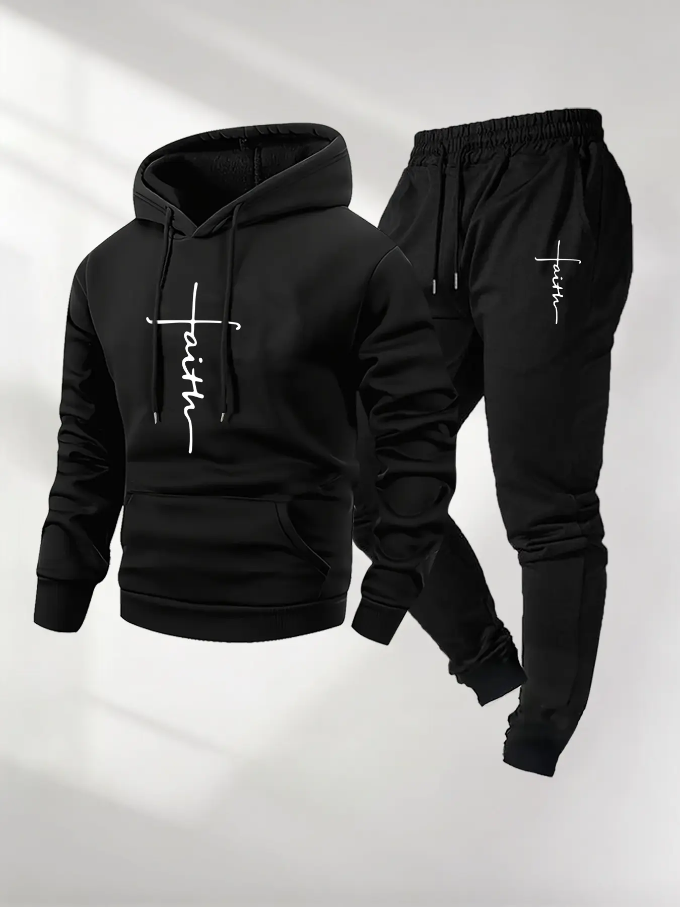 Men's Casual Hoodie Set, Letter Print Drawstring Sweatshirt + Jogger Pants, Fall & Winter Thick Knit Fabric, Fitted Style, 2 Piece Pack, Casual Sportswear Set, Casual Athletic Jogging
