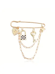 New Jewelry Plaid Lock Key Heart Brooch, Trendy Multi-Element Vintage Pin Accessory, Chain, Fashion Accessory