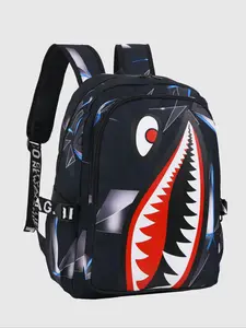 Men's Dual-Shoulder Travel Bag, Fashion Graffiti Backpack, Student Bookbag, Large Capacity Shark Mouth Bag, Street Style Trendy Men, Casual Printed Backpack
