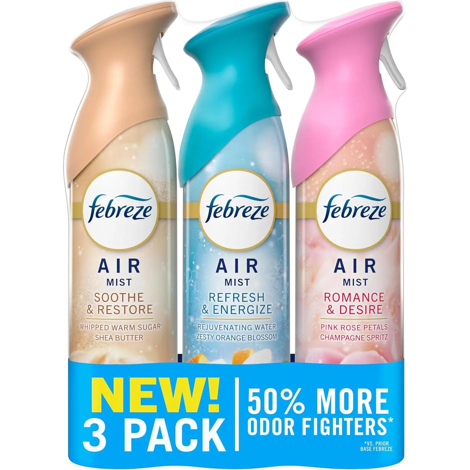 Febreze Air Mist Odor-Fighting Air Freshener & Deodorizer Variety Pack (Soothe & Restore, Refresh & Energize, Romance & Desire) - 8.1oz, 3-Pack for Home Bathrooms & Kitchens (Key Scenarios Included)
