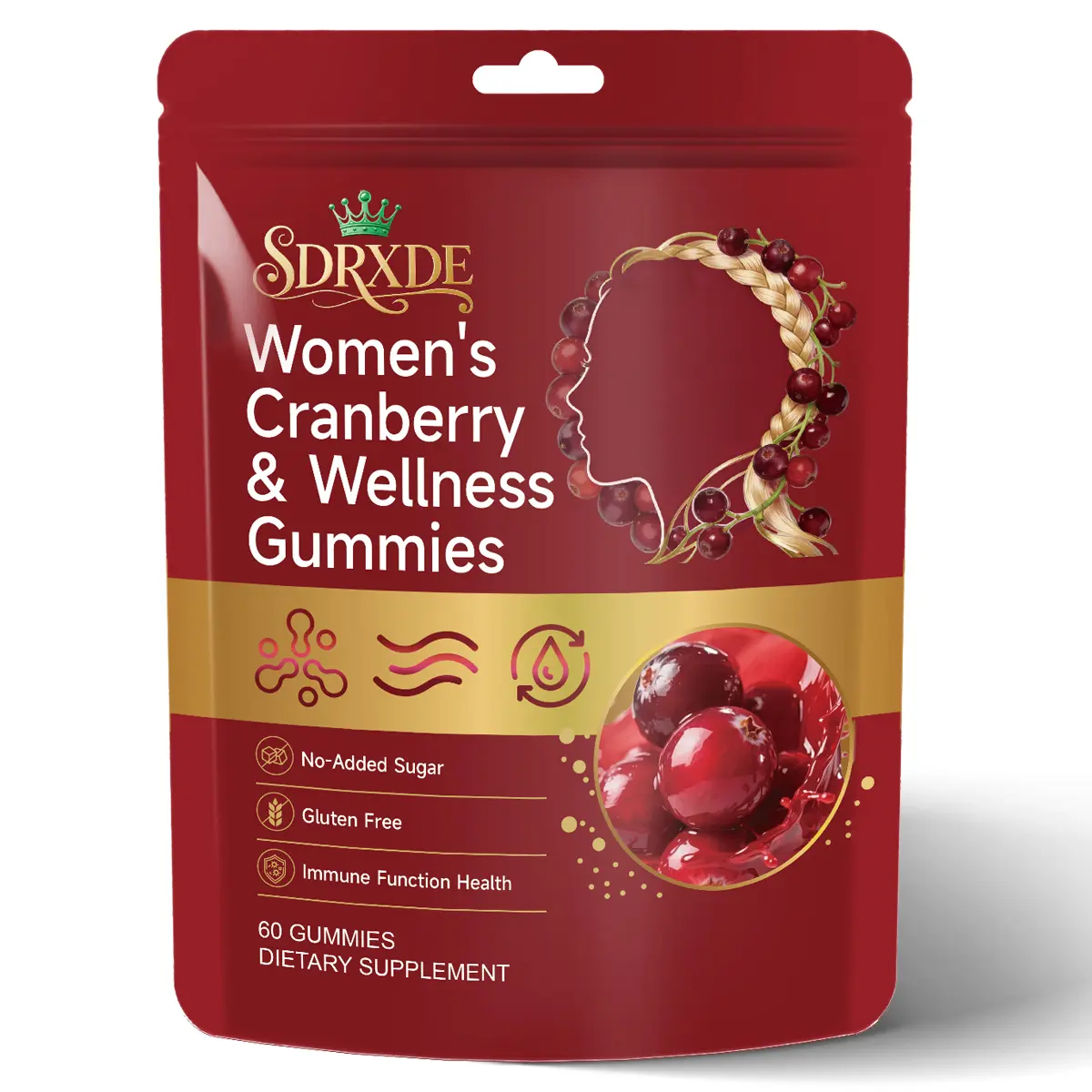 SDRXDE Women’s All Natural Dietary Cranberry Gummies with DIM, Ashwagandha & Chasteberry Powder - 60-Count Immune Support Supplement, Hormone Balance Regulator, Menstrual Discomfort Relief, No Added Sugar, Gluten-Free, Vegan
