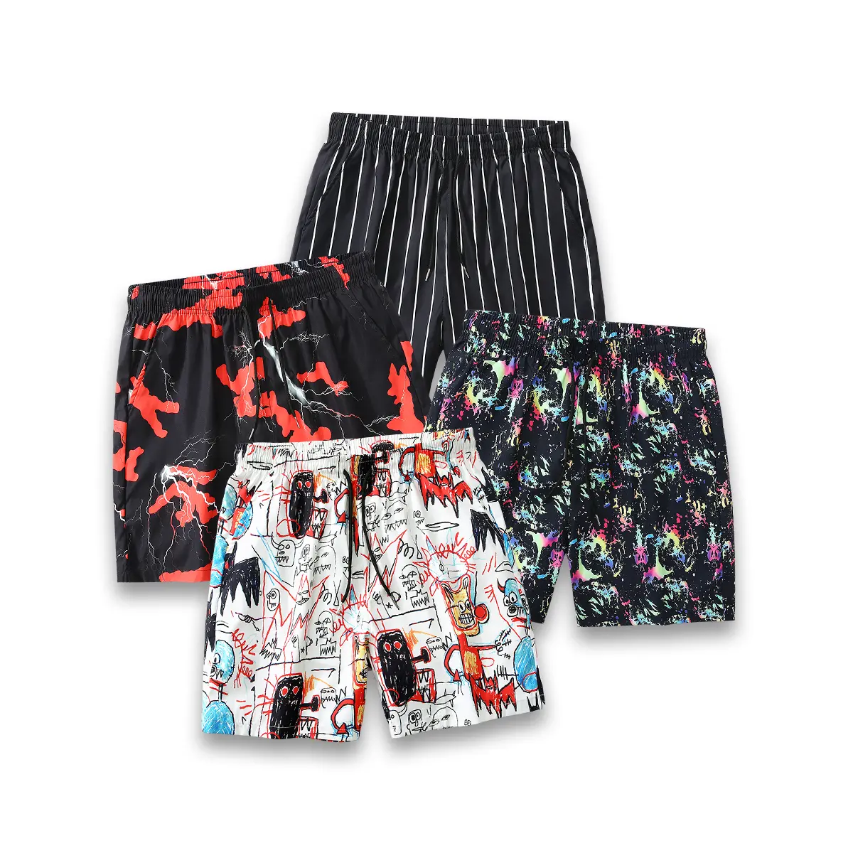 Men's Summer Multi-Pack Adjust-Fit Color-Mixed Paint-Splattered Shorts, Featuring Stripe, Graffiti, Color Splash, Ink-Splatter Lightning Patterns - Ideal for Travel, Streetwear, Menswear Bottoms, Shorts, Shorts