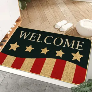 Patriotic Door Mat 4th of July Doormat Independence Day American Stars Stripes Memorial Day Home Decor Anti-Slip Retro Linen Outdoor Indoor Low Profile Floor Mat