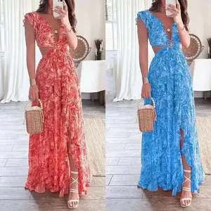 Women's Floral Print Cut Out Backless Split ThighCami Dress, Fashion Halter Neck Long Dress forBeach Holiday Vacation, Ladies Clothes for AllSeasons Formal Womenswear Workwear Gamis Bohemian Boho Casual Sleeveless