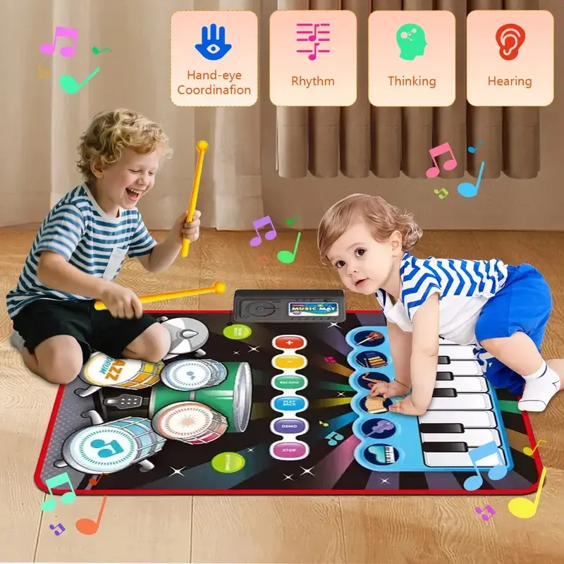 2-in-1 Electric Musical Dance Mat Toy - Piano Keyboard, Drum Set with 2 Drumsticks - Early Educational Sensory Play Gifts for 1-5 Year Old Kids, Multifunctional Blue Toy Mat