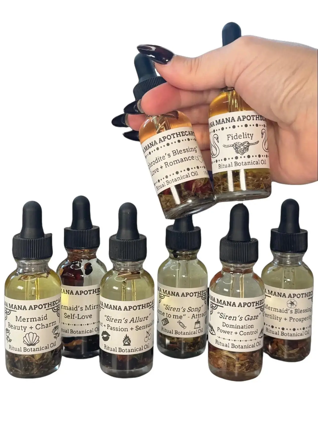 Sana Mana Apothecary Complete Siren + Mermaid Ritual Botanical Spell Oil Bundle - All-Natural Handcrafted Herbal Blends for Love, Beauty & Glamour - 8 oil set