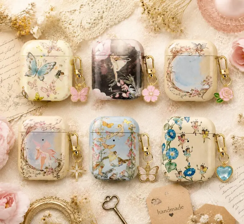 NO KEYCHAIN INCLUDED Vintage Fairy & Floral AirPods Case Set, Cute Pastel Butterfly Earbud Cover, Aesthetic Gift for Her, Cottagecore Tech Accessory