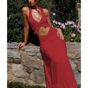 Women's Solid Halter Neck Sleeveless Crop Top & Long Skirt Two-piece Set, Casual Fashion Cozy Two Piece Outfits for Daily Outdoor Wear, Ladies Clothes for Summer