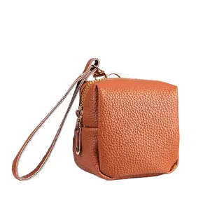 Wrist Strap Coin Purse for Women PU Leather Small Wallet with Zipper Coin Pocket Card Slots Lightweight Portable Mini Pouch for Everyday Carry Slim city bag oval