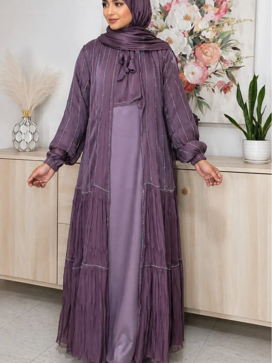 Organza Abaya Dress with Hijab, Dubai Style Modest Maxi, Eid Outfit