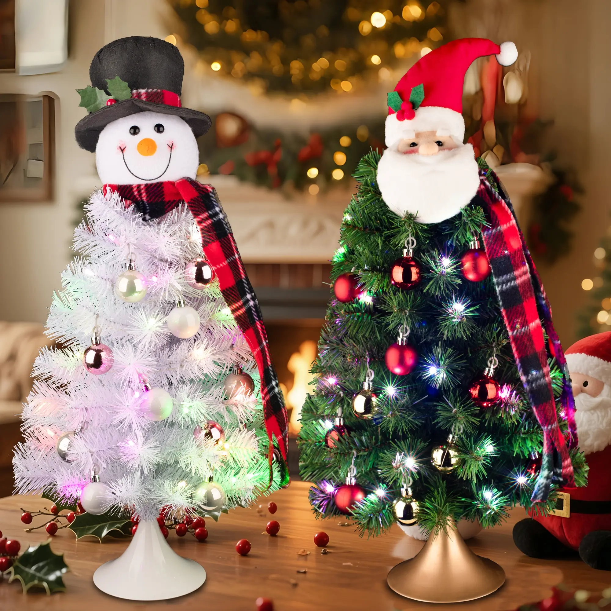 60cm Christmas Tree with Santa & Snowman Topper, LED String Lights, Battery Powered, Metal Cone Base, Perfect Holiday Decoration