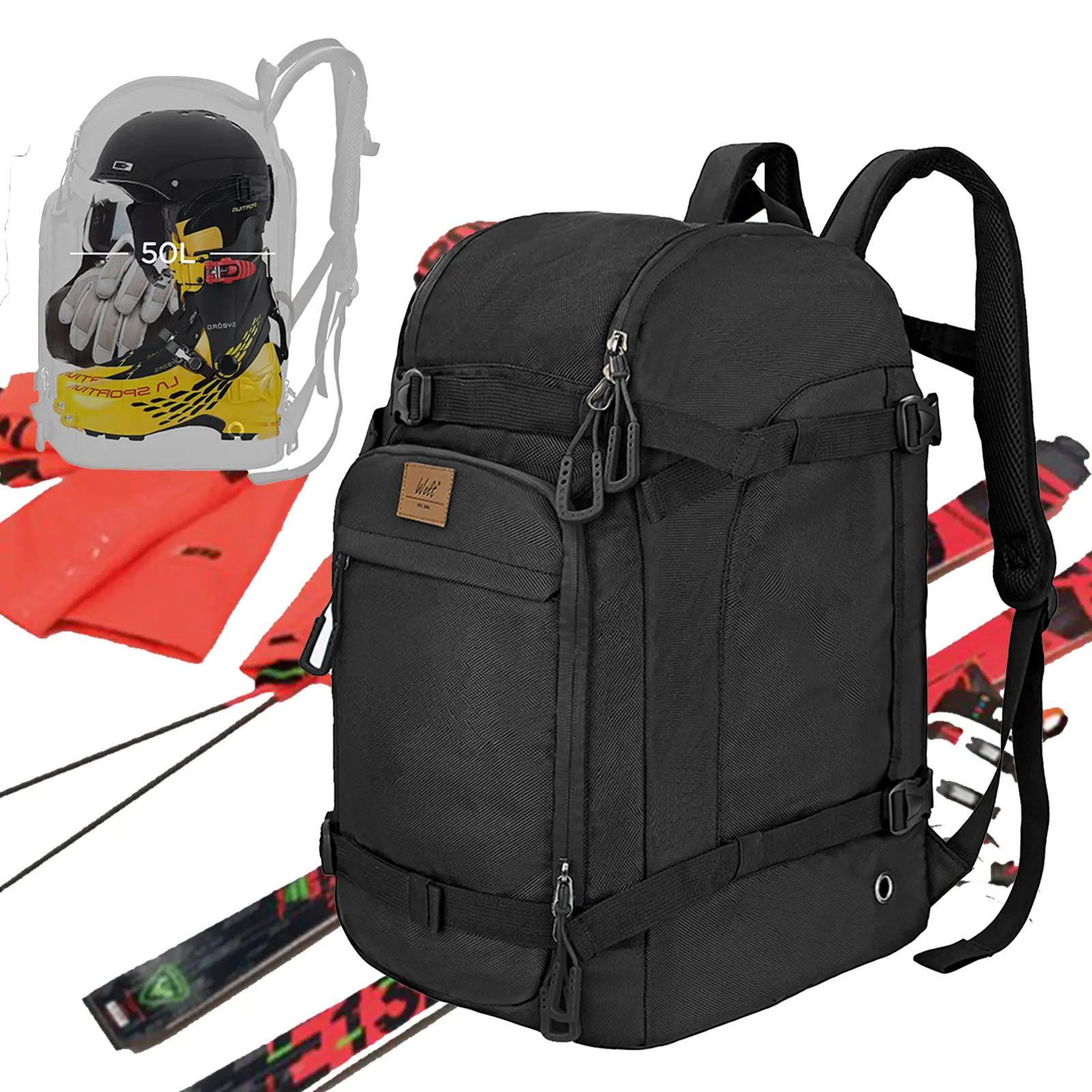 Wolt 50L Waterproof Ski Boot Backpack - Casual Bag for Skiing with Multi-Compartment Organizer, Holds Helmet, and Convenient Charging Port