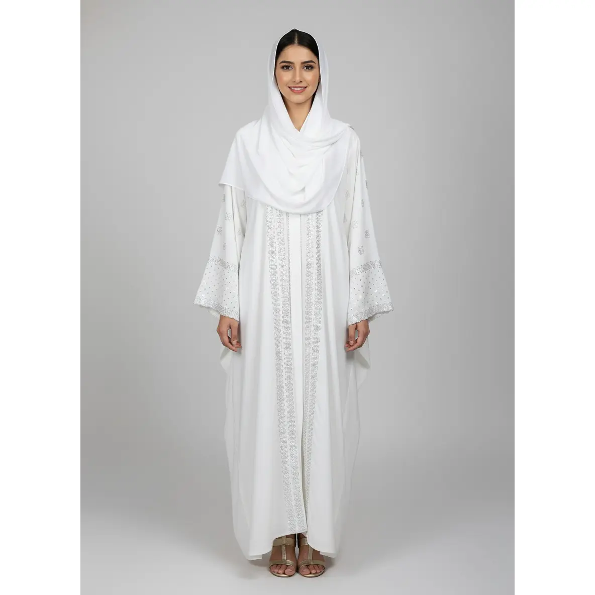 Nida fabric Abaya with Silver stone work, Stone Detail, Long Sleeve, Crew Neck, All Seasons, Casual, Basic, Chiffon, Elegant, Stone Embellishment