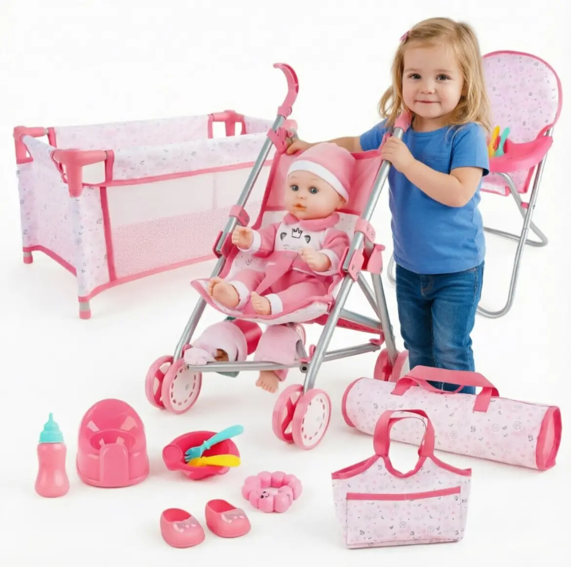 deAO Doll Stroller Crib Bed Nursery Role Play Set Doll Accessories and Play Mat,Travel Cot,Bouncer,Foldable Stroller and Travel Bag #sohochic