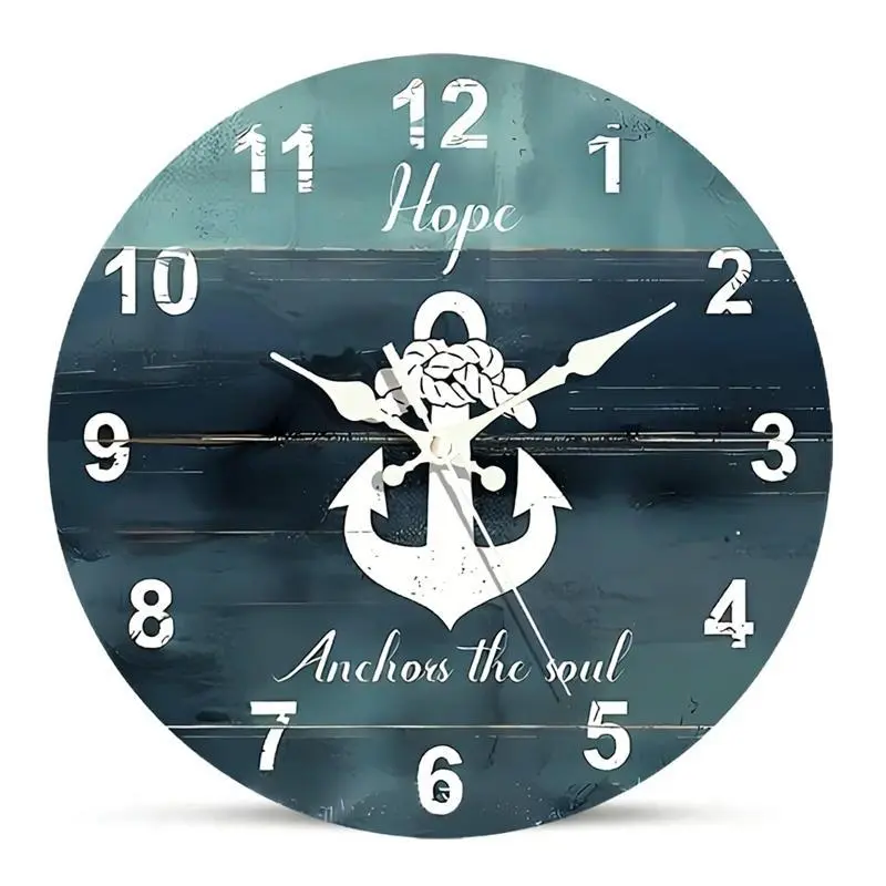 Nautical-themed silent wall clock, Decorative clock, Analog clock, featuring an anchor and hope design - large numbers, round shape, battery-powered (AA batteries not included) - ideal for living room and bedroom decor