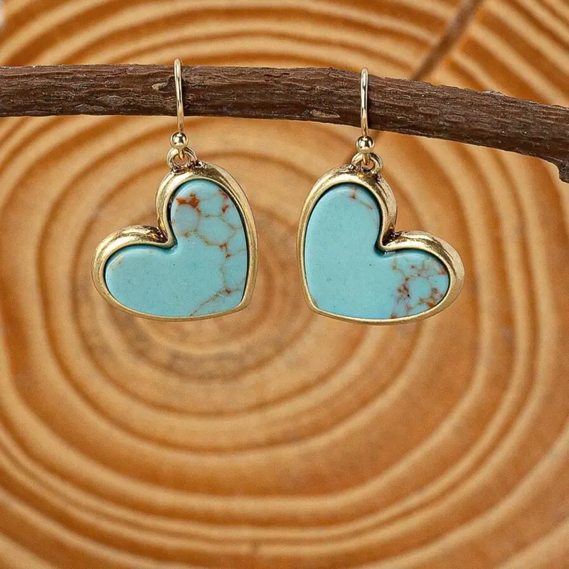 Mother's Day Gift 1 Pair Elegant Vintage Boho Versatile Durable Natural Turquoise Heart-Shaped Earrings Jewelry, Ideal Gift for Valentine's Day & Mother's Day, Alloy Chain Material, Heart Shape Design