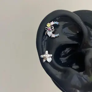 Colorful Zircon Bowknot Heart Moon Star Cartilage Helix Studs, Titanium Steel Screw-back Earrings for Women