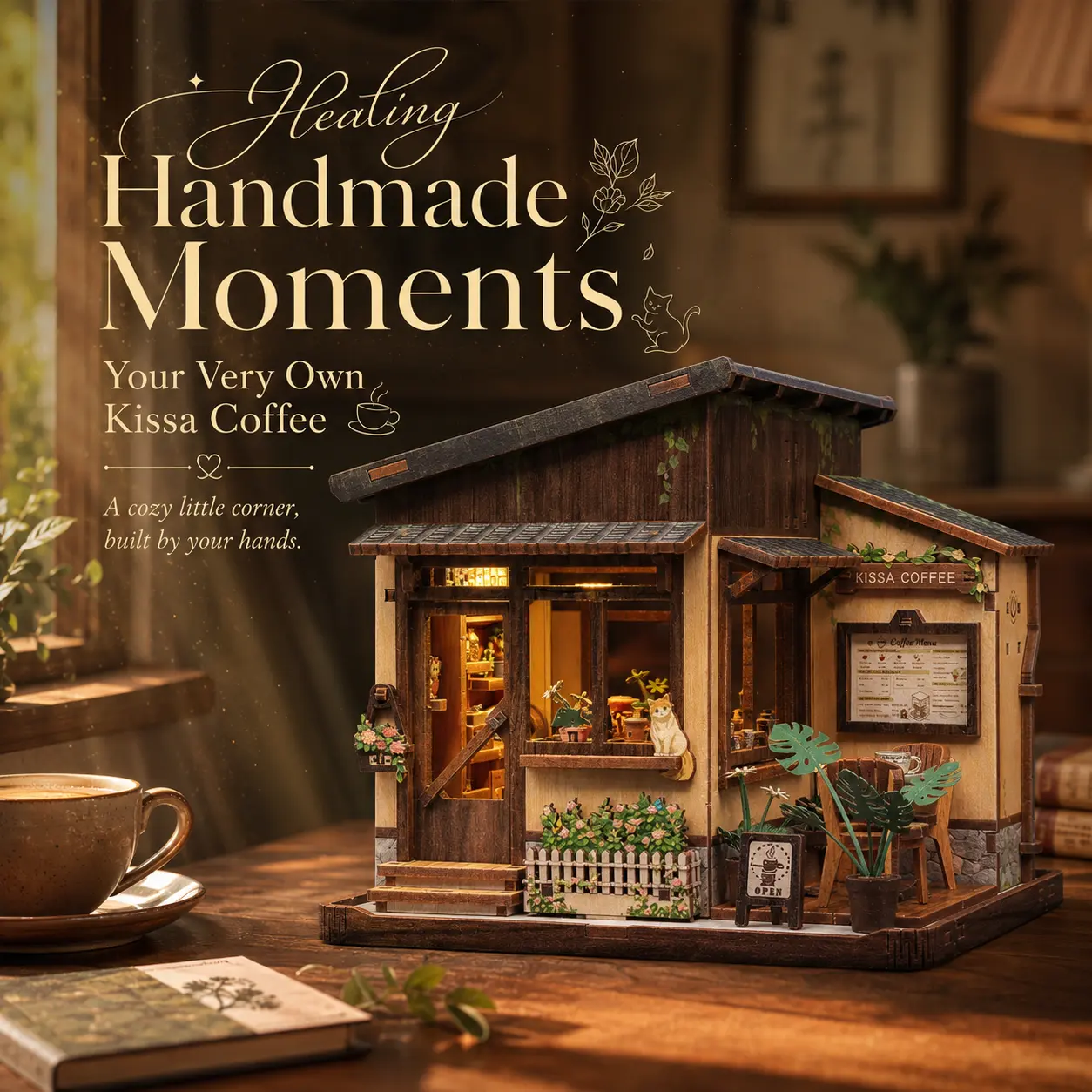 CUTEBEE Kissa Coffee DIY Miniature House Kit with LED Light, 262-Piece Cozy Café Model Building Set, Creative Gift & Desk Décor for Adults and Teens 14+