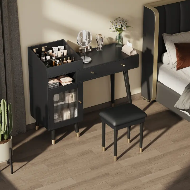 [SOIYELIFE] Modern Makeup Vanity Desk with Drawers, Cabinet & Charging Port, Space-saving Dressing Table Set with Stool for Small Places, Black,Unique furniture