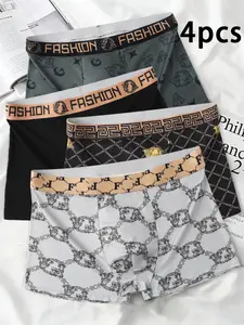 Men's Fashion Underwear Set, Stretchy Boxer Briefs, Mid-Waist Fitted Printed, Casual Geometric Design, All Seasons Wear, Pack of 4