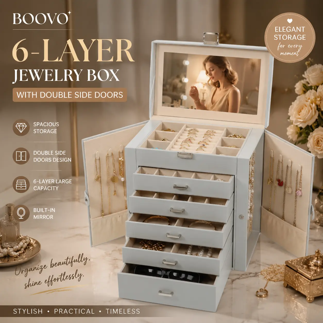 BOOVO（Mist Grey）Modern 6-Layer Jewelry Organizer Box for Women - Large Jewelry Storage Box with Glass Lid & Mirror, PU Leather Jewelry Holder, Anti-Tarnish Velvet Lining for Necklaces, Rings & Earrings, Elegant Gift for Her