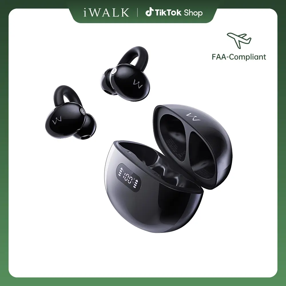iWALK Open-Ear Clip Headphone - Sports Wireless Earbuds, Bluetooth HiFi Stereo, LED Display, Lightweight, Sturdy, Noise-Free Charging, 24 Hours Battery, Black for Running, Walking