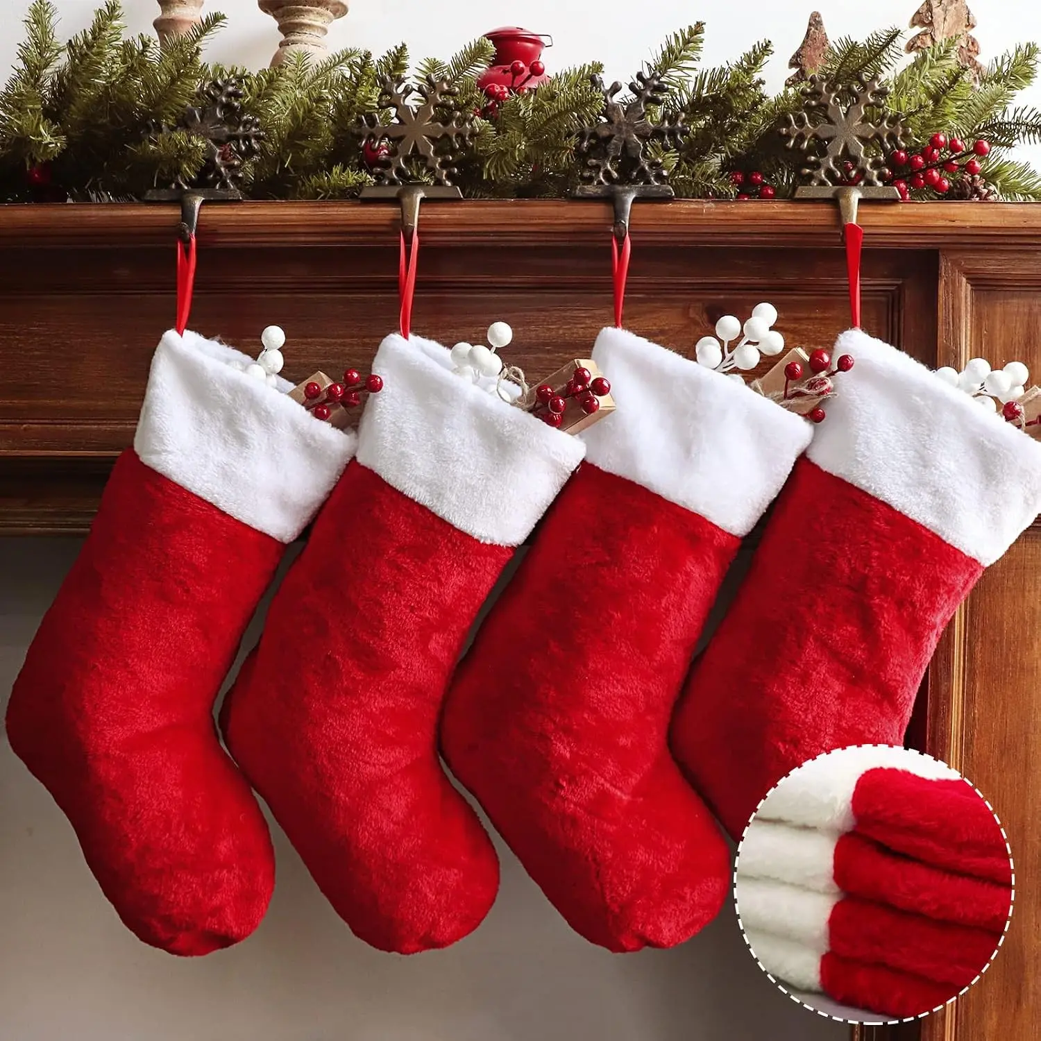 4-Pack Traditional Christmas Stockings, 19-in Polyester Red and White Plush Mercerized Velvet Set for Family Holiday Xmas Party Decorations