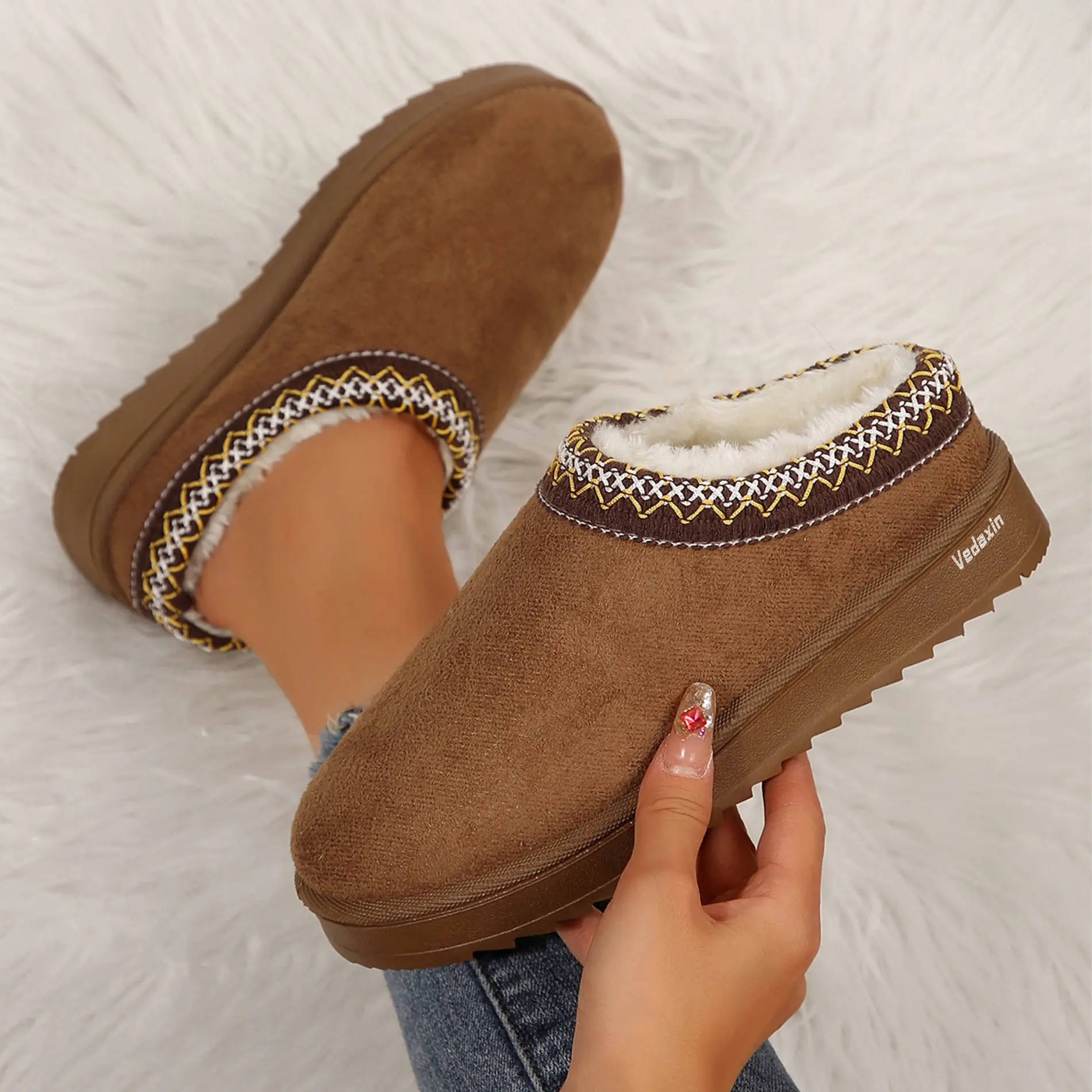 Women's Platform Boots Fuzzy Cozy Slip on Fuzzy Slippers with Faux Lining Boots for Indoor and Outdoor