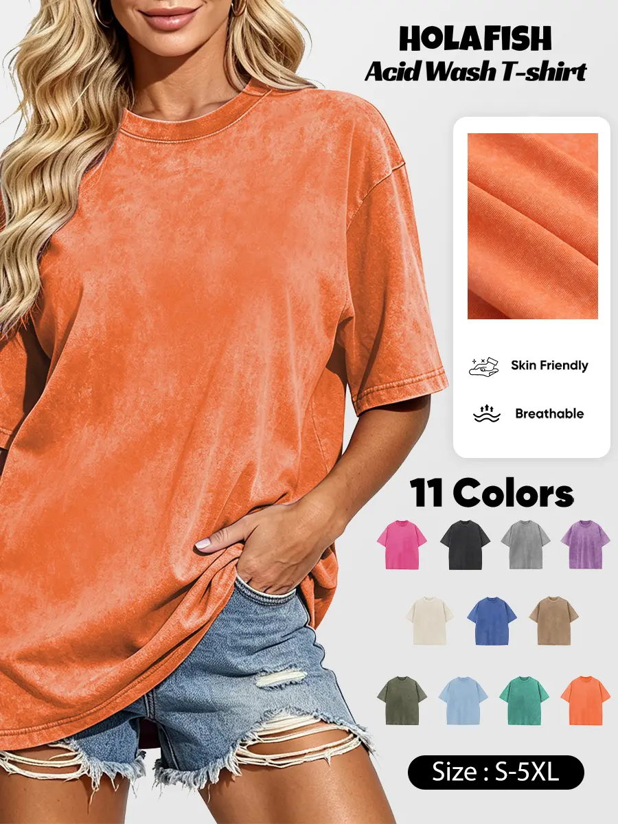 Holafish Women's Acid Wash Cotton Half-Short Sleeve Casual Loose Hip Fashion T-Shirt, Men's Basic Loose Fit Garments Pullover (Pairs with Jeans)
