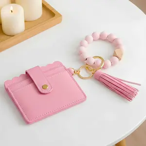 【2026 Womens Gift】Women's Smart Card Wallet，Fashion Beaded Decor Pu Leather Keychain,Card Capacity | ID Window | Cash Slot vintage wallet fashionable small pu leather wallet