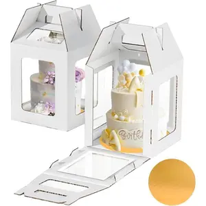 2 Packs Tall Cake Boxes with Cake Board,10x10x12 Inches Large Tiered Cake Carriers with Clear Windows and Handle, Cake Containers for Birthday, Wedding, Party and Festival