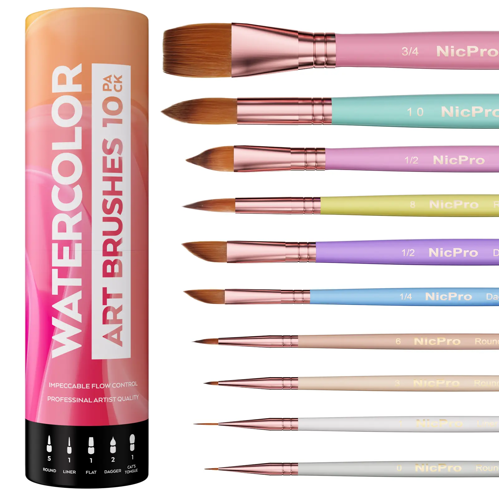 Nicpro 10-Pack Pastel Brush Combo - Professional Synthetic Bristle Wooden Handle Assortment Pack with Holder & Bag, Brush Tip Drawing & Painting Supplies for Watercolor, Gouache (Beginners, Adults) Office Art Supplies