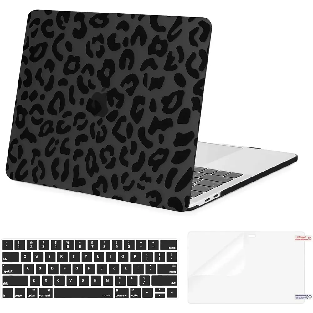MOSISO 13-inch Water Resistant Flexible Animal Print Plastic Leopard Grain Hard Case with Keyboard Cover & Screen Protector for MacBook Pro (M2 2025-2022, M1 2021-2016, A2338 A2251 A2289 A2159 A1989 A1708 A1706) for Study & Office Use, Black-【Compatible W